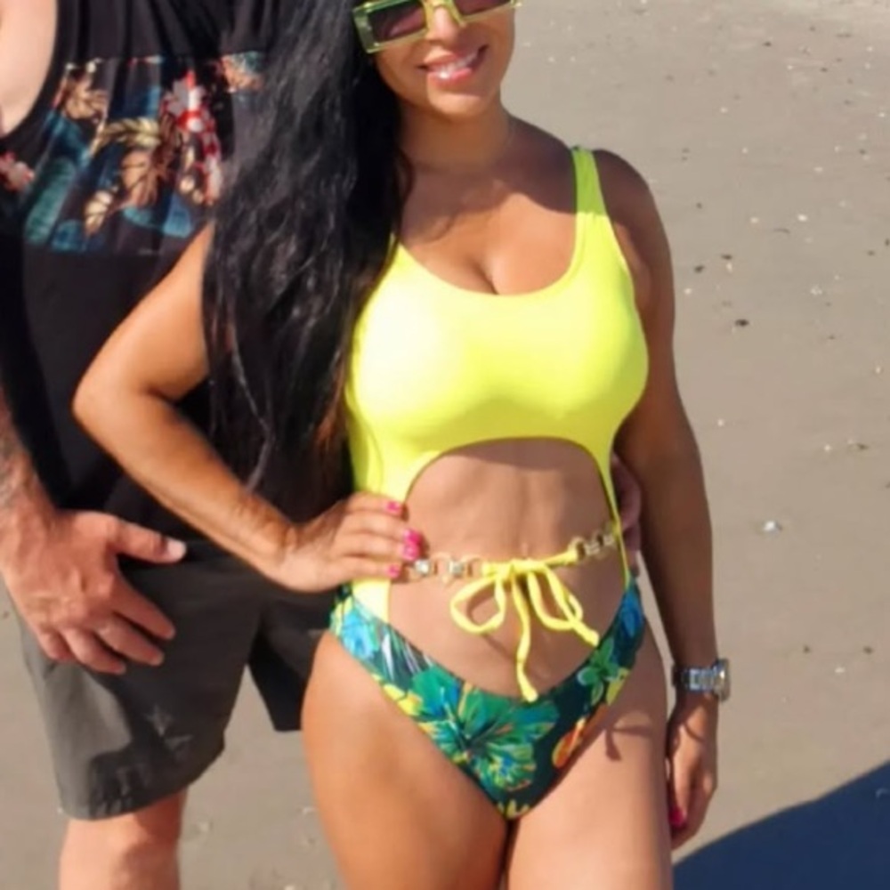 Yellow Cutout Swimsuit with Tropical Print